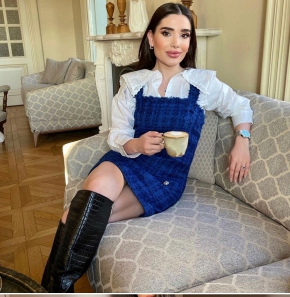 Zara Blue Tweed Jumper Dress Pinafore Mini Sleeveless Size Medium  With Pockets! - Picture 2 of 16